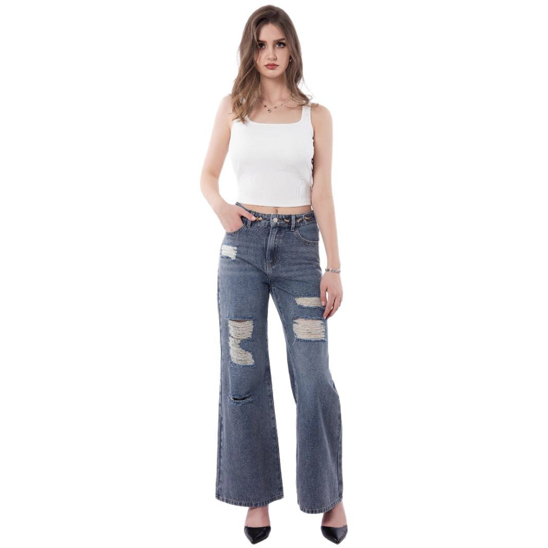 Retro Large Size Wide-Leg Jeans with Worn Distressed Style