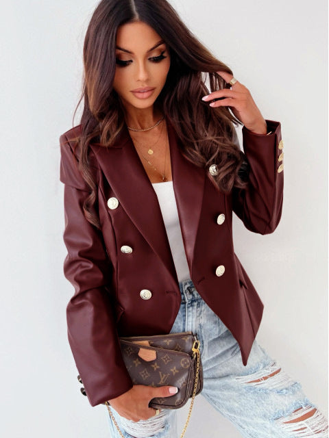 Long Sleeve Double Breasted PU Leather Jacket with Classic Style