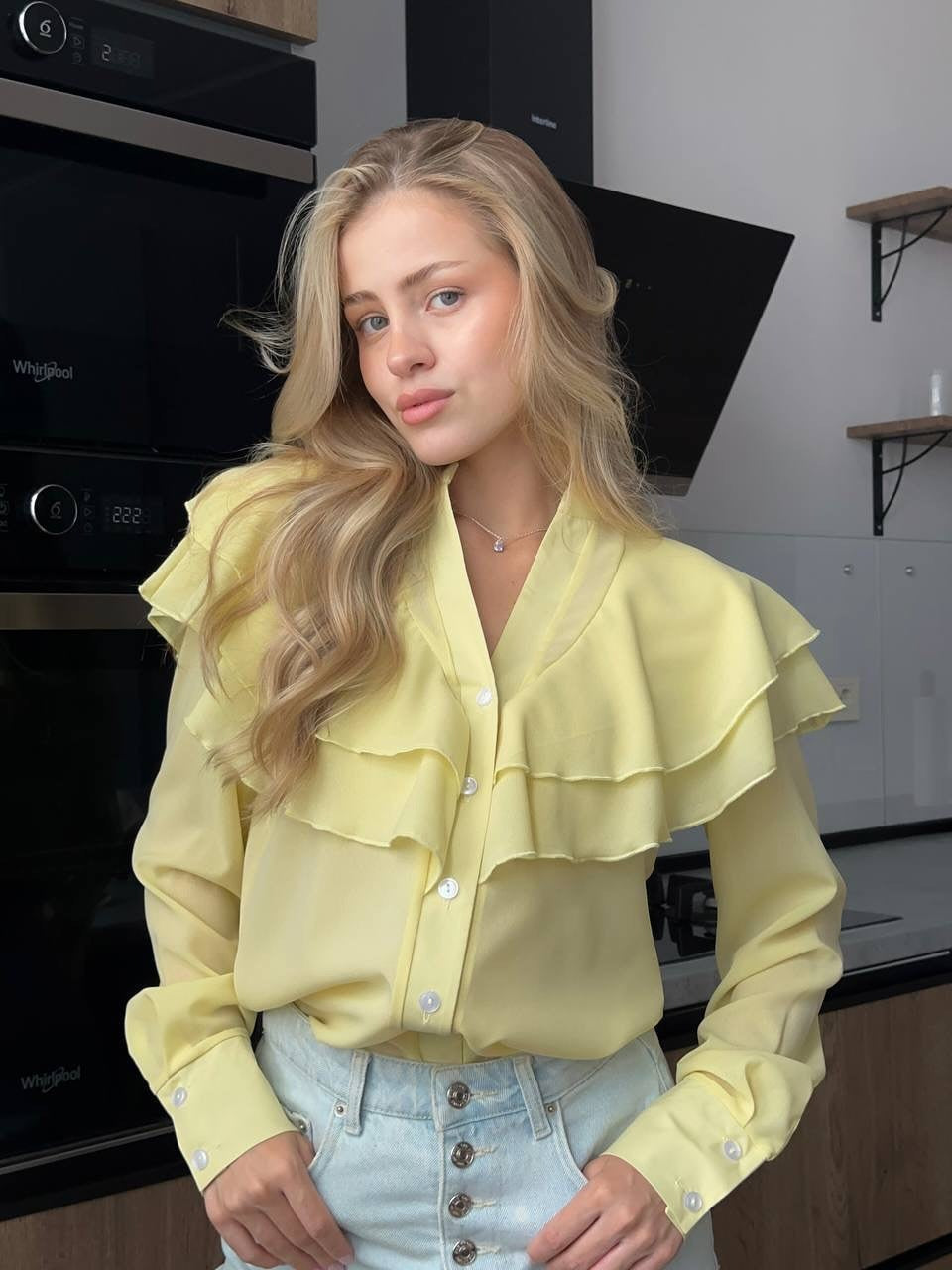 Chiffon Casual Lotus Leaf V-neck Blouse with Loose Fit Style