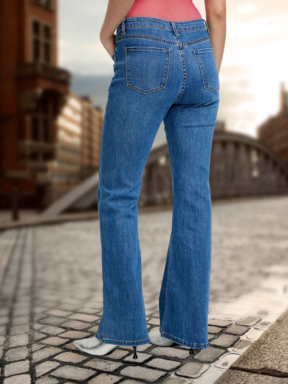 Mid-waist Retro Denim Bell-bottom Pants with Stretch Fabric Design