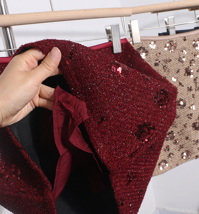 Sequined Red A-Line Skirt with High Waist Slimming Design