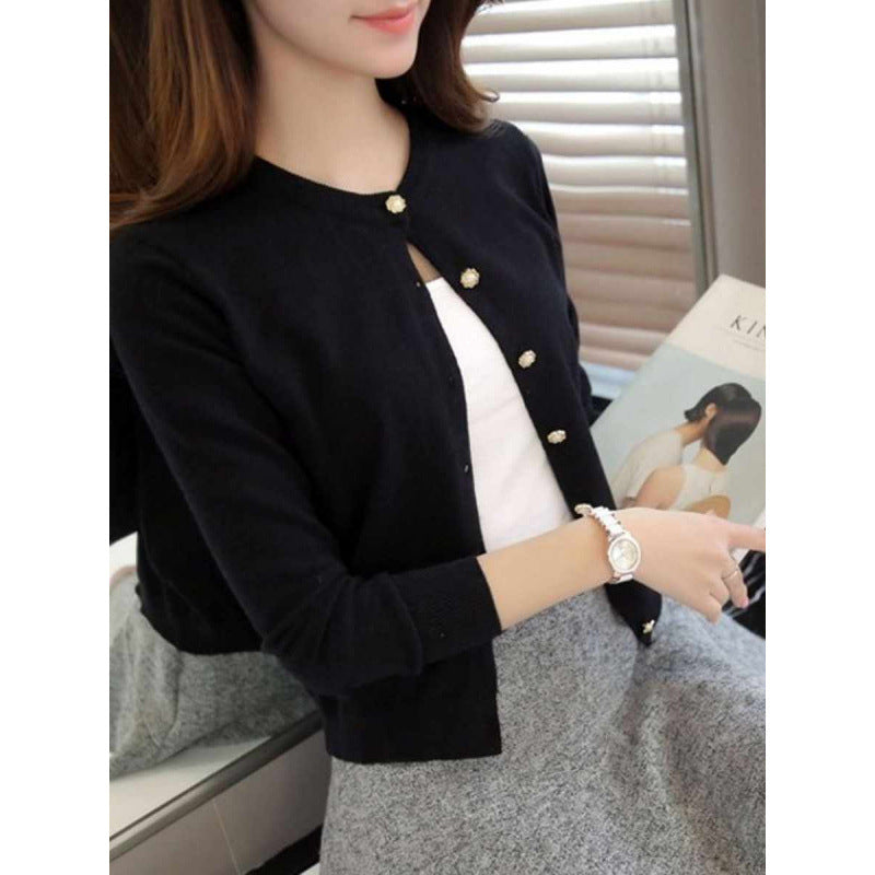 Knitted Cardigan with Long Sleeve and Round Neck Design