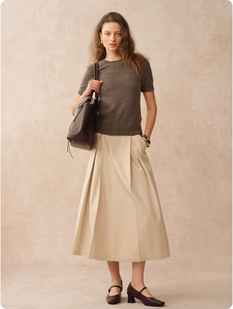 Khaki Pleated Tooling Skirt with High Waist Design