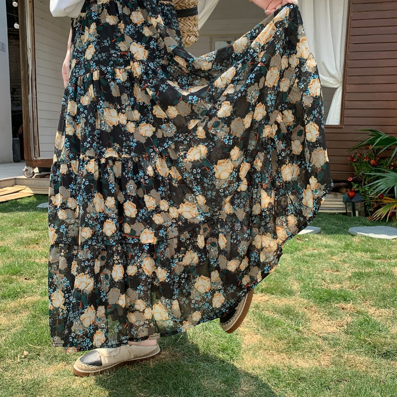 A-Line Chiffon Floral Skirt with Colorful Print Style