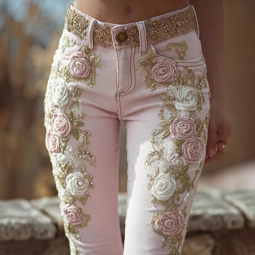 Retro Pink Rose Embroidered Artistic Printed Jeans for a Unique Style