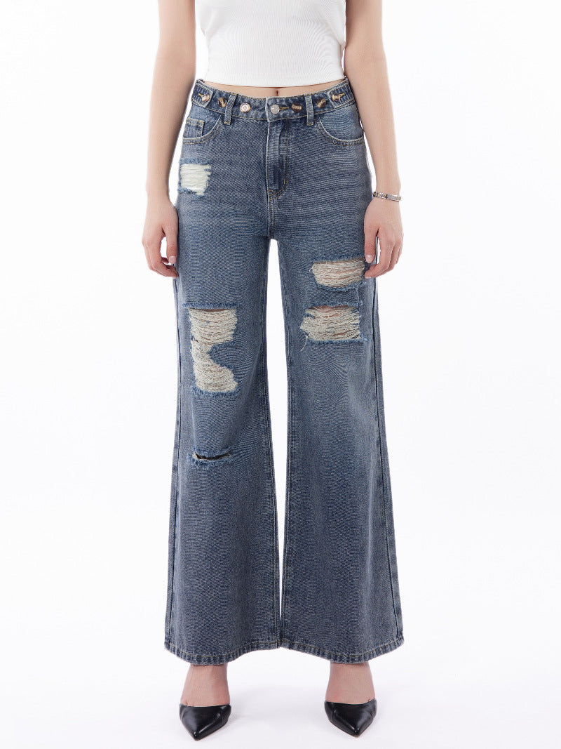 Retro Large Size Wide-Leg Jeans with Worn Distressed Style