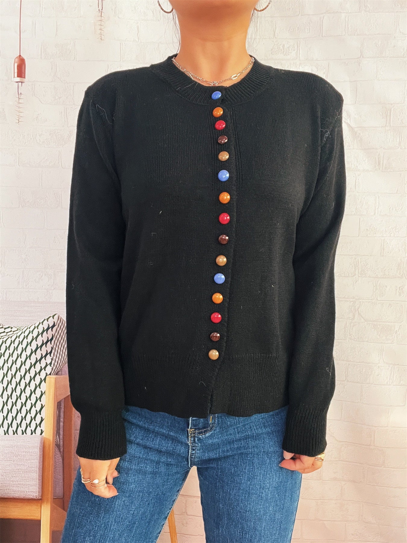 Simple Commute Color Button Single-breasted Knitted Cardigan Sweater Coat