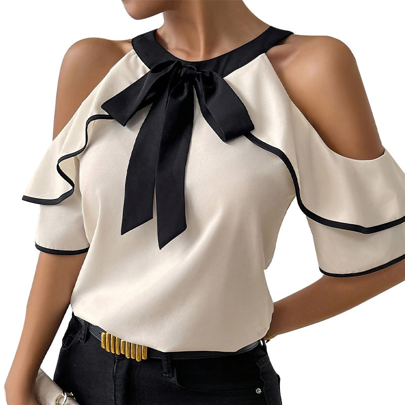 Short-sleeved Bow Collar Pullover Shirt with Stylish Design