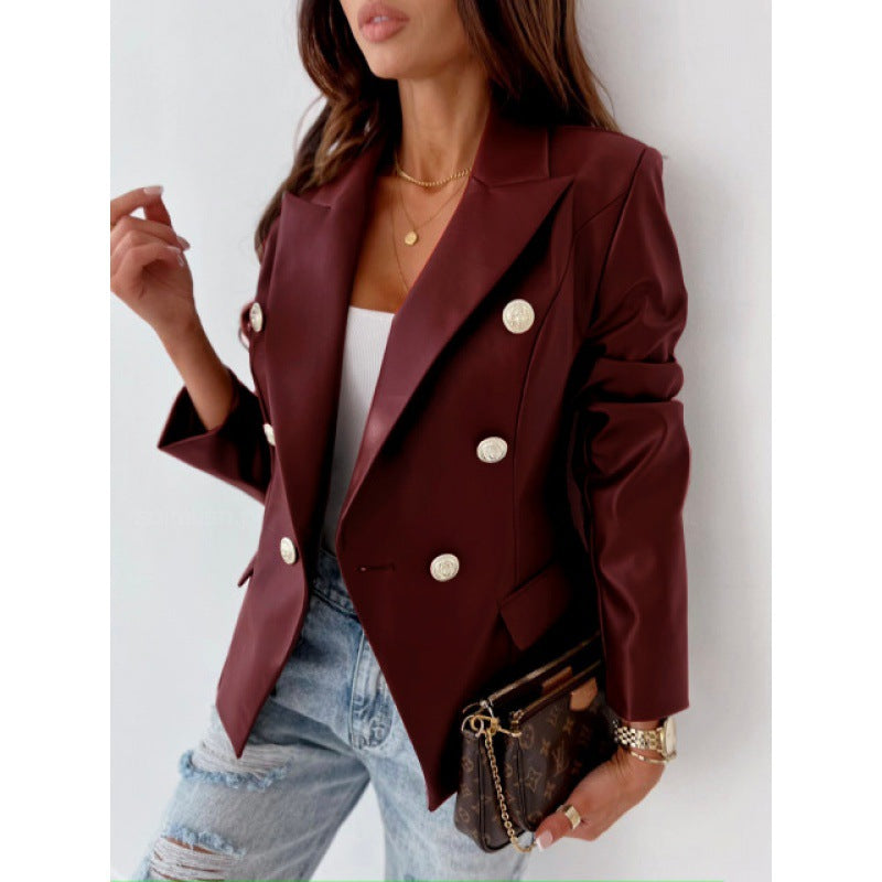 Long Sleeve Double Breasted PU Leather Jacket with Classic Style