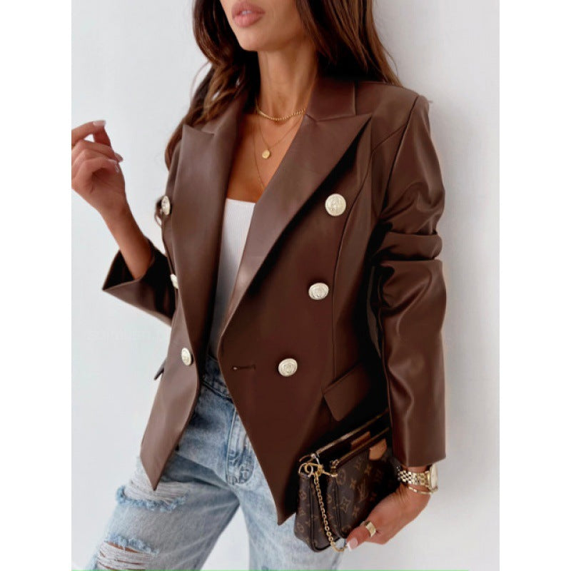 Long Sleeve Double Breasted PU Leather Jacket with Classic Style