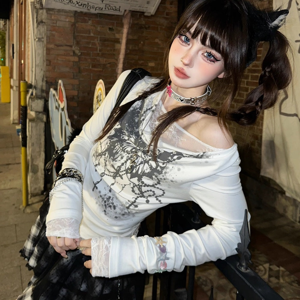 Lace Stitching V-neck Long Sleeve T-shirt with Slim Fit Design