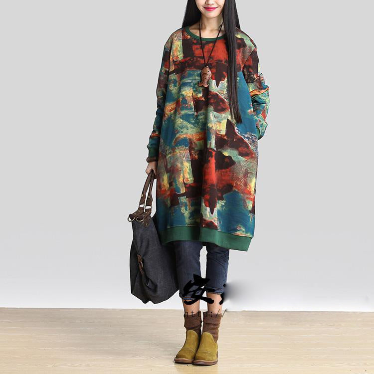 Casual Cotton and Linen Printed Long-sleeved Dress with Floral Pattern