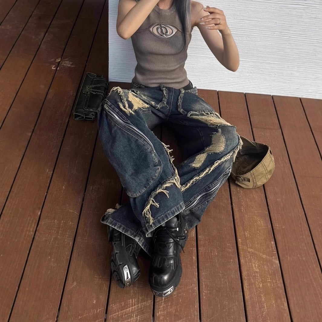 Ripped Jeans with Distressed Style and Big Pockets