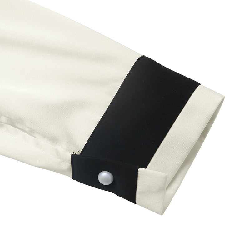 Pearl Button Deep V-neck Color-block Blouse for Elegant Style