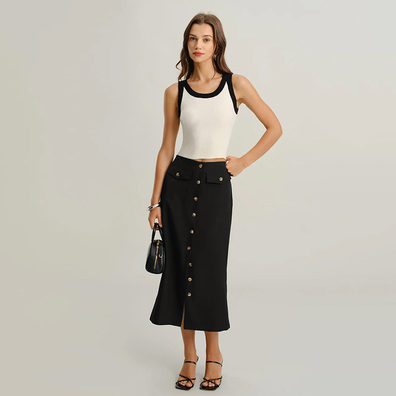 Straight Skirt with Retro Front Slit and Slimming Fit