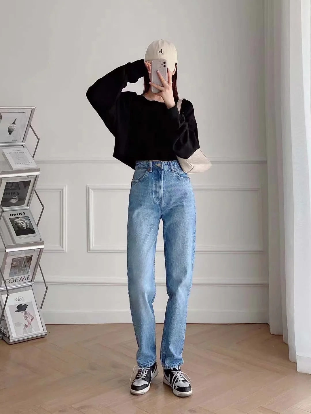 High Waist Loose Casual Denim Trousers with Straight-Leg Style