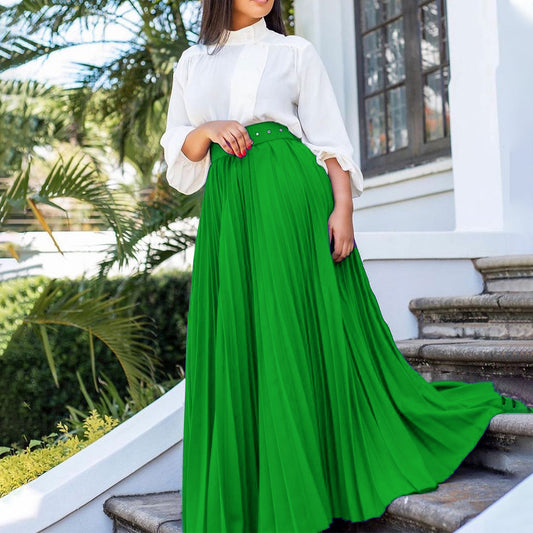Pleated Long Skirt with Elastic Waistband for Comfortable Fit