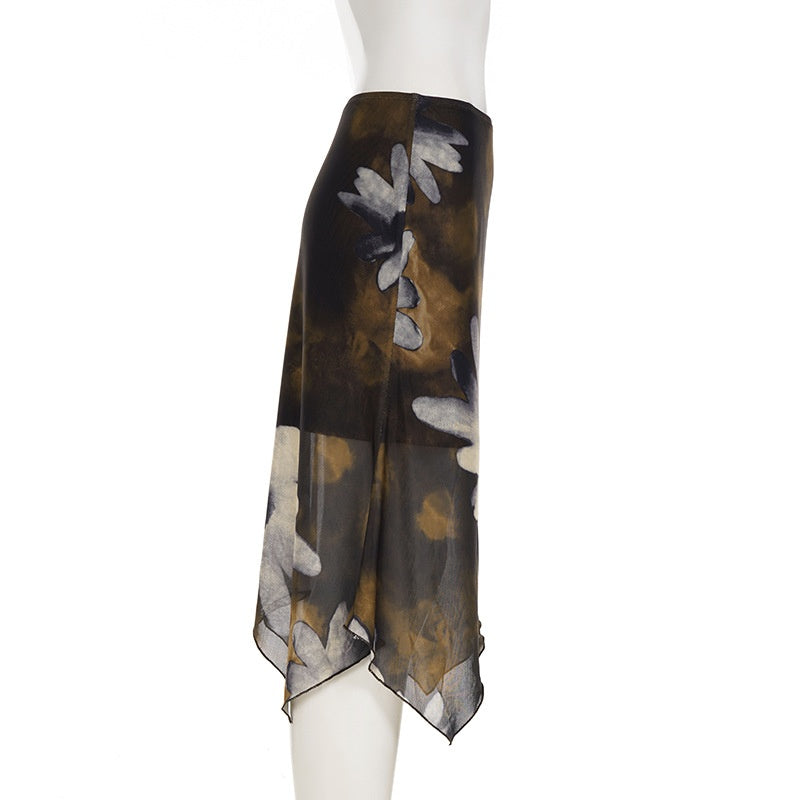Floral Printed Mesh Asymmetric Skirt with Unique Street Fashion Style