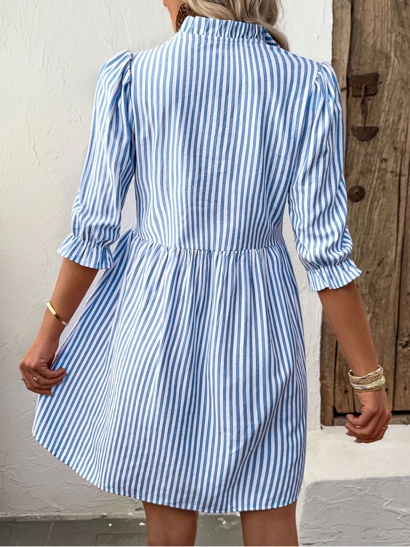 Puff Sleeve Stand Collar Striped Dress with A-Line Skirt Style