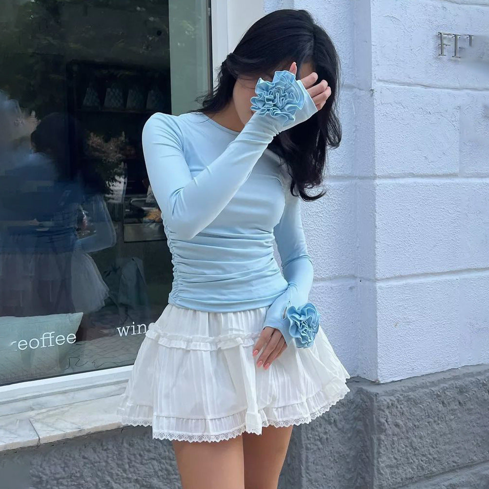 Floral Long Sleeve Slim-fit Tops with Charming 3D Design