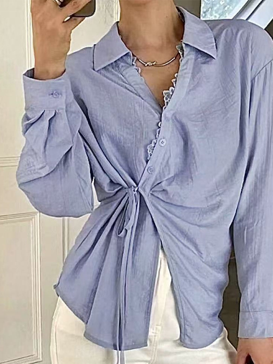 Blue Long Sleeved Shirt with Lace-up Cardigan Style