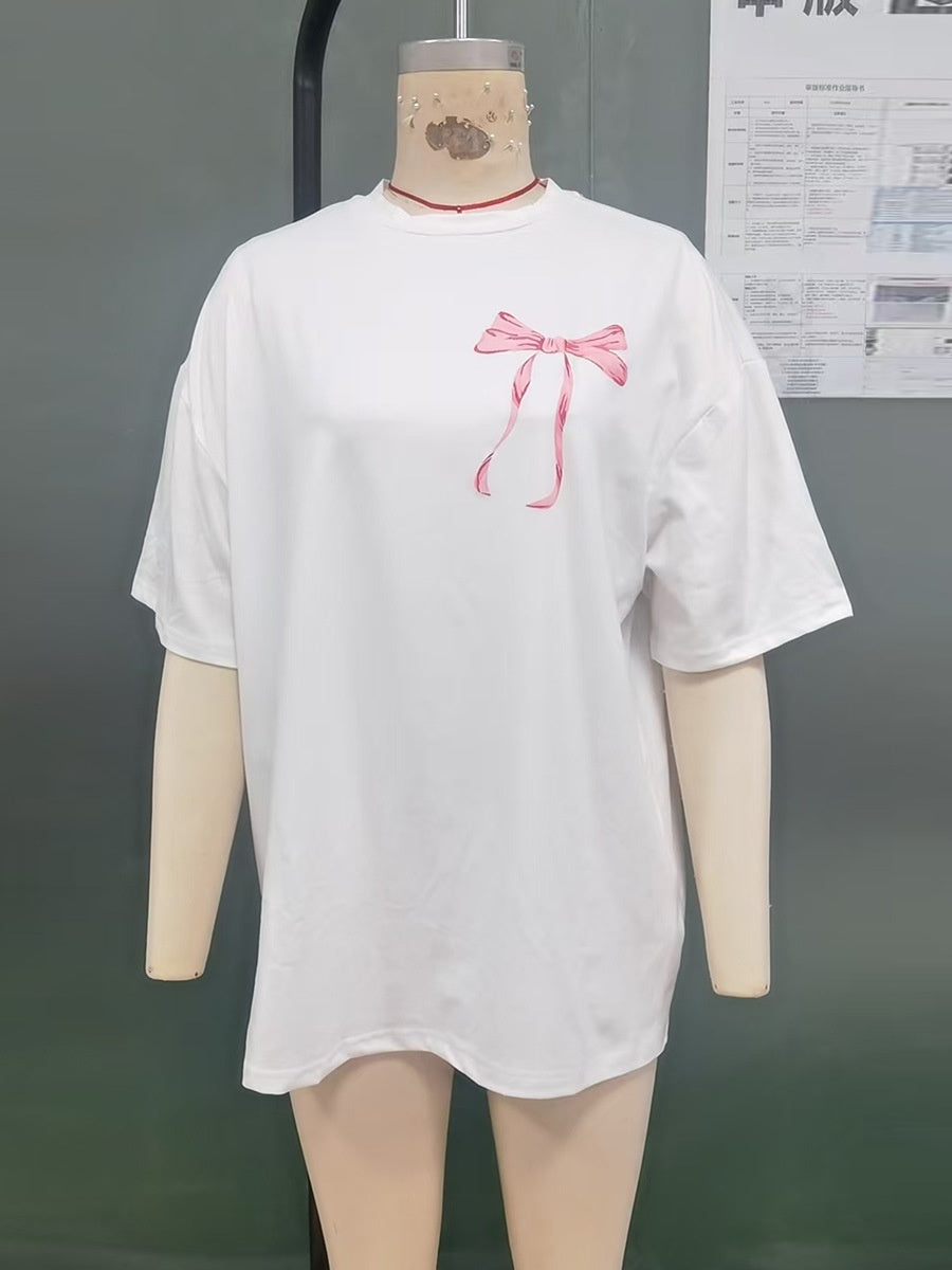 Round Neck Polyester Short-Sleeved Top with Bow Print Design