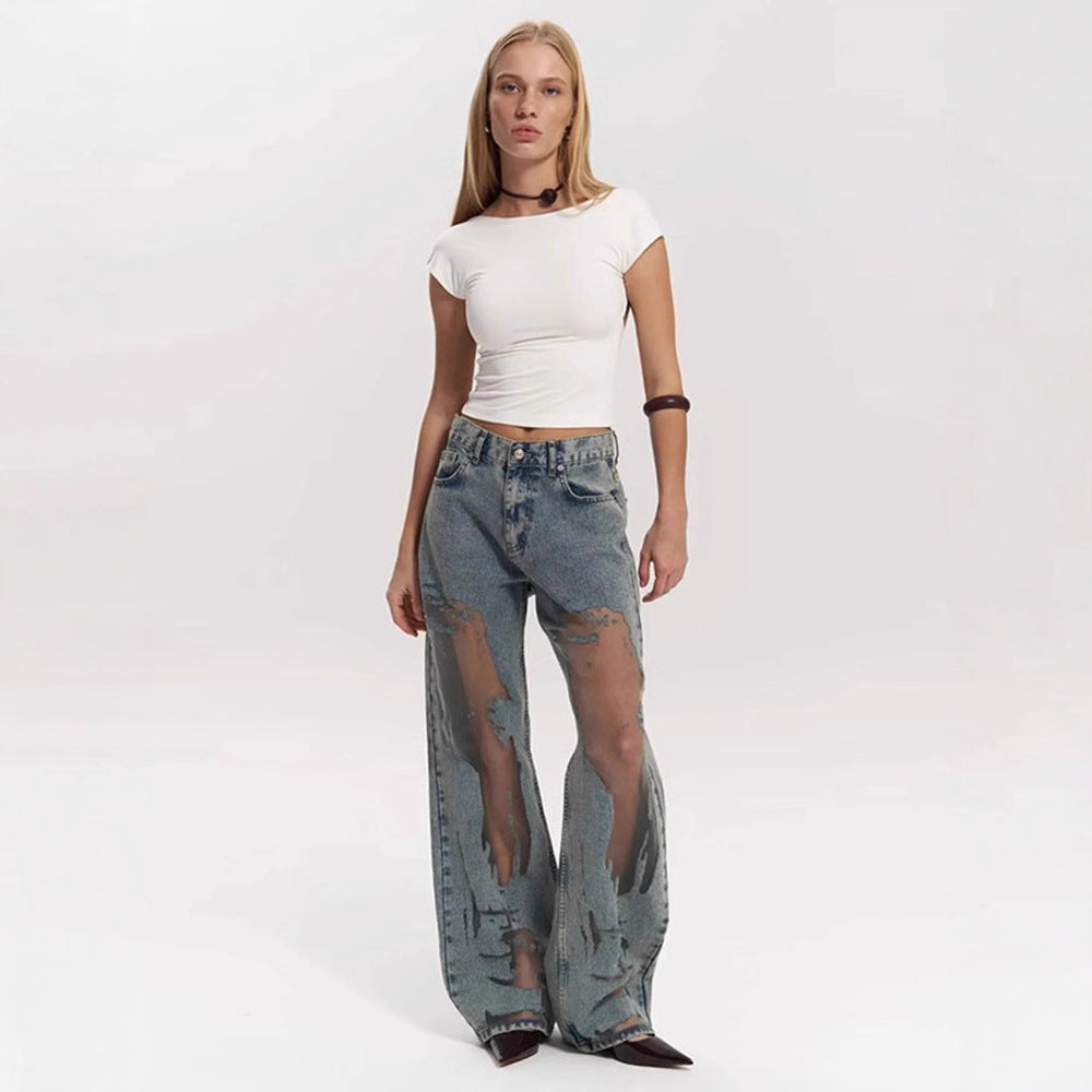 Retro Straight-leg Jeans with Unique Hollow Texture Design