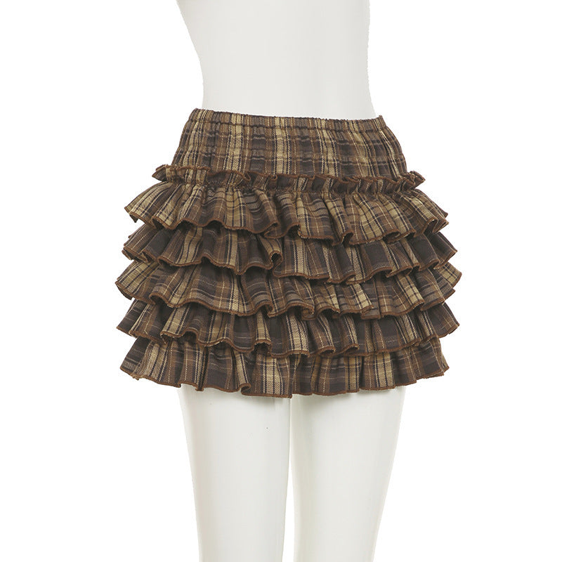 Plaid Pleated Slim-fit Tutu Skirt with Contrast Color Design