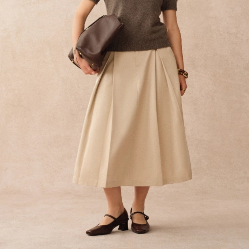 Khaki Pleated Tooling Skirt with High Waist Design