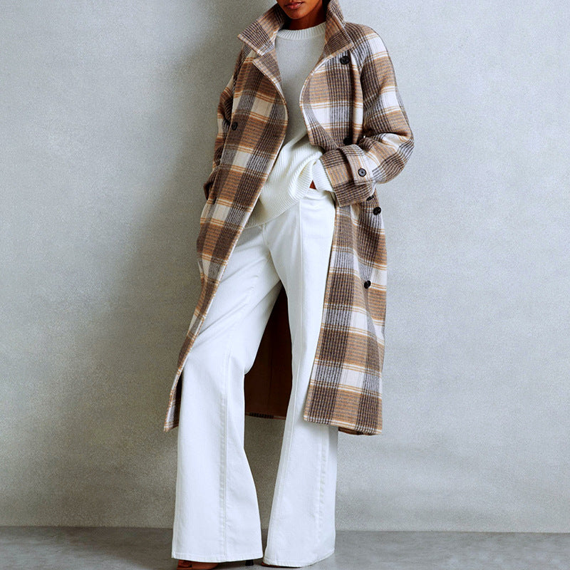 Plaid Coat with Contrast Color and Waist-Tied Design