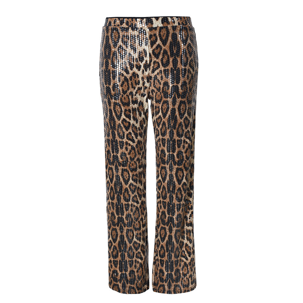 Leopard Print Straight-leg Trousers with Sparkling Sequins Detail
