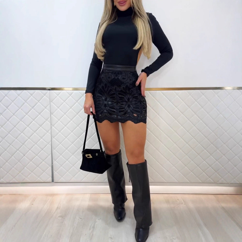 Solid Color PU Hollow Pattern Zipper Patchwork Skirt for Easy Styling