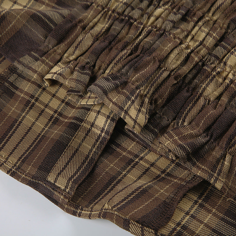 Plaid Pleated Slim-fit Tutu Skirt with Contrast Color Design