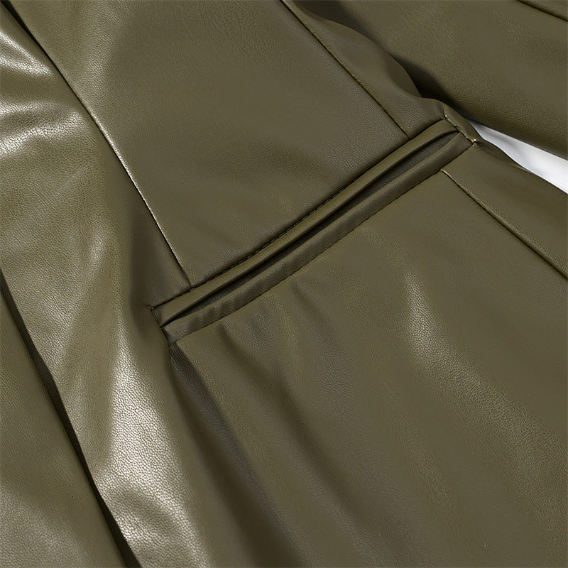 Long-sleeved V-neck Leather Jacket with Stylish Contrast Colors