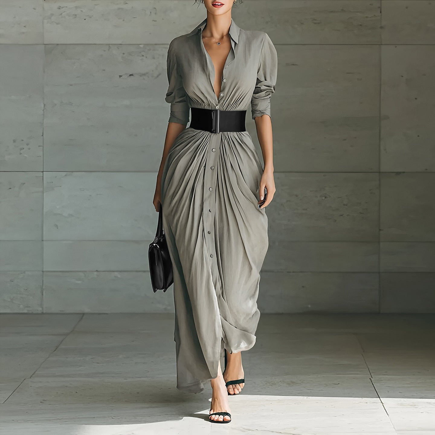 Shirt Dress with Elegant Lapel and Belt for Sophisticated Style