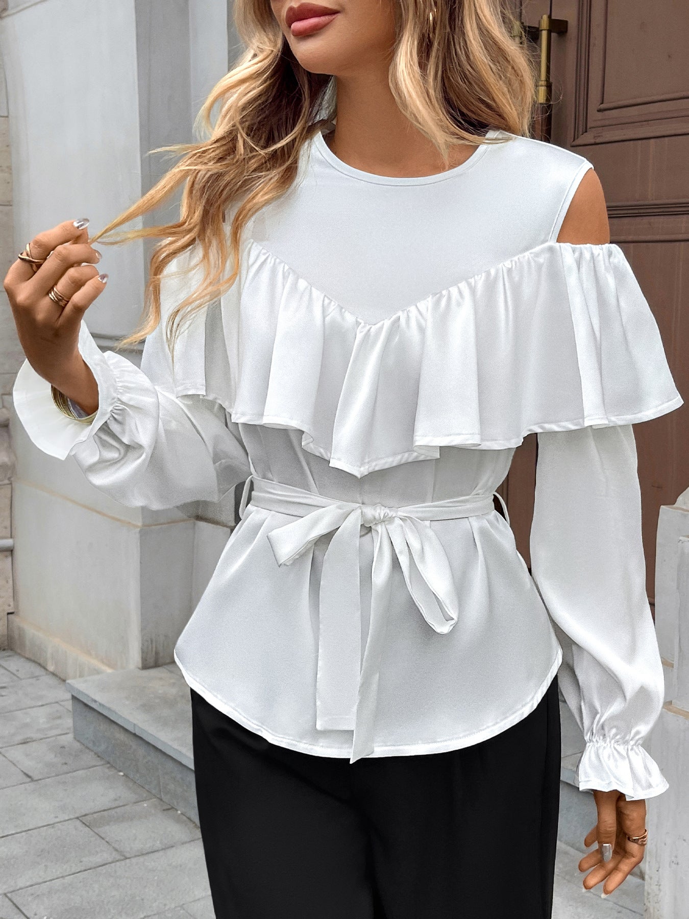 Long-sleeved Ruffled Off-the-shoulder Lace-up Shirt for Stylish Looks