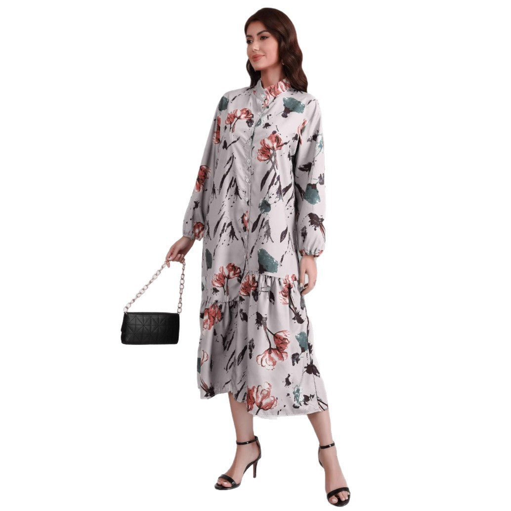 Floral Print Long Dress with Comfortable Cotton-Linen Blend Fabric