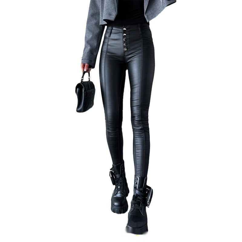 High Waist Tight Leather Pants with Sleek Commuting Style