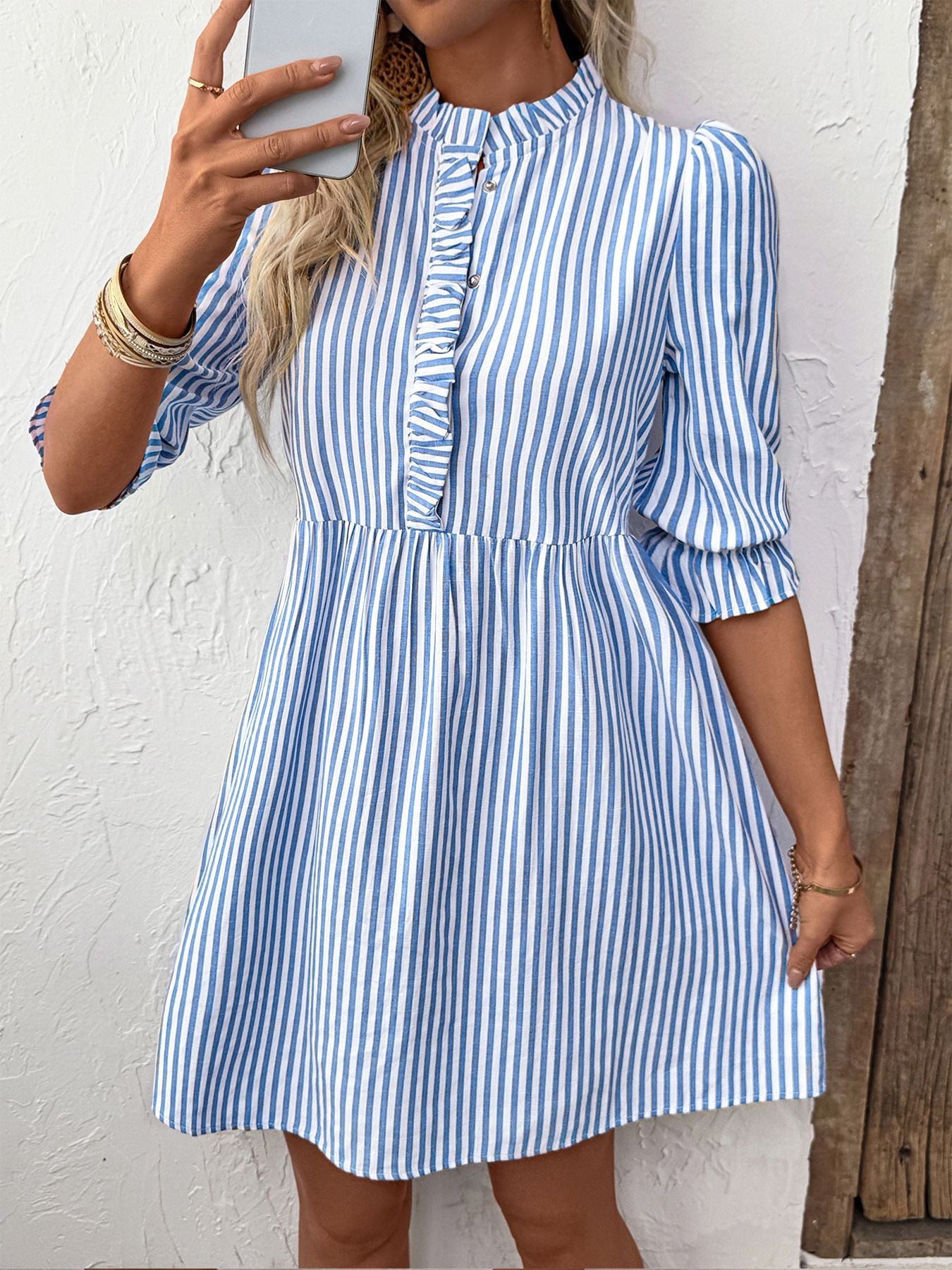 Puff Sleeve Stand Collar Striped Dress with A-Line Skirt Style