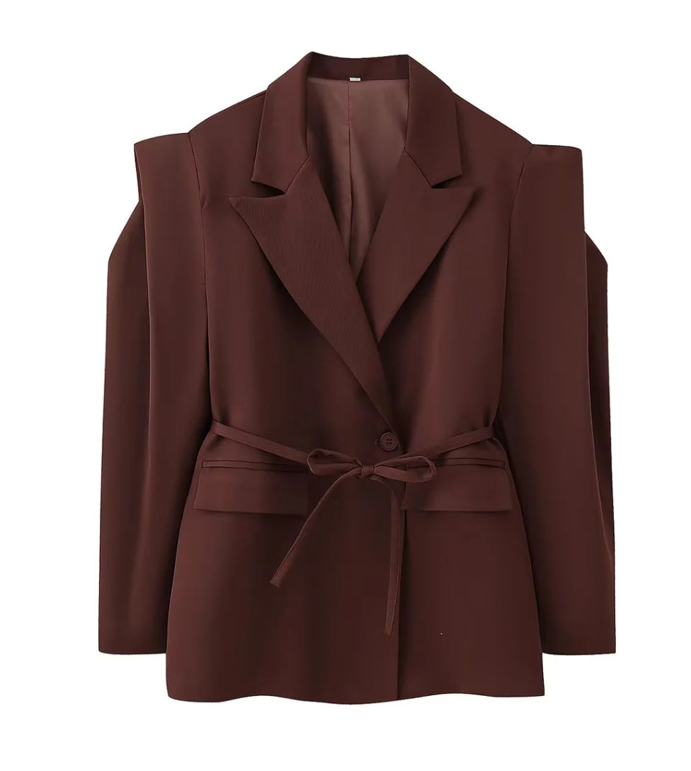 Padded Shoulder Blazer with Lace-up Waist Control for a Flattering Fit
