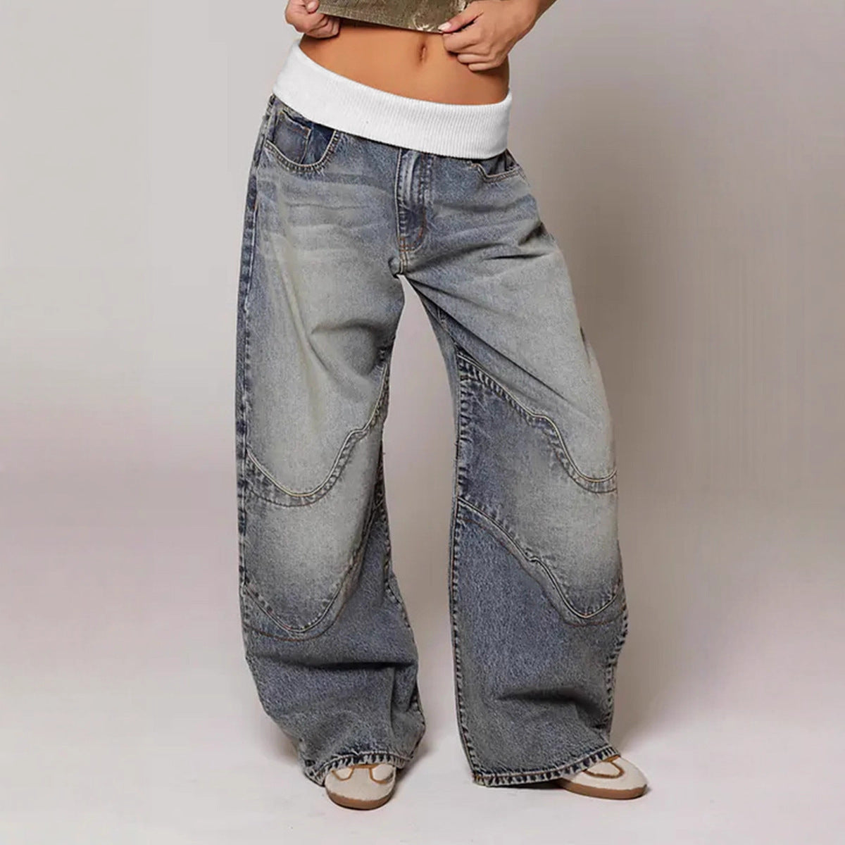 Distressed Denim Straight Trousers with Mid Waist Comfort