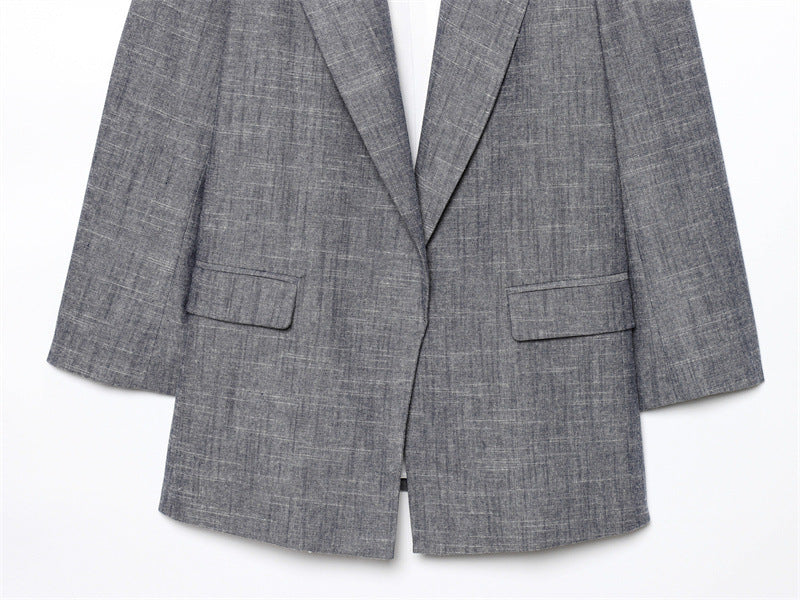 Casual Linen Blended Rolled Sleeve Suit Jacket with Pocket Detail