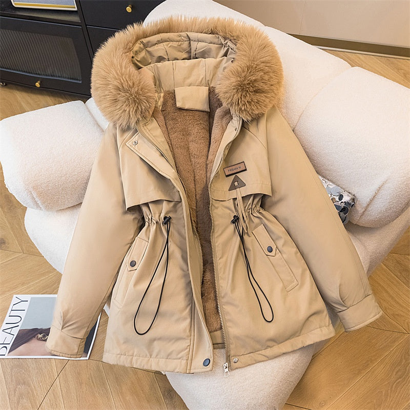 Padded Velvet Coat with Stylish Fur Collar and Loose Fit