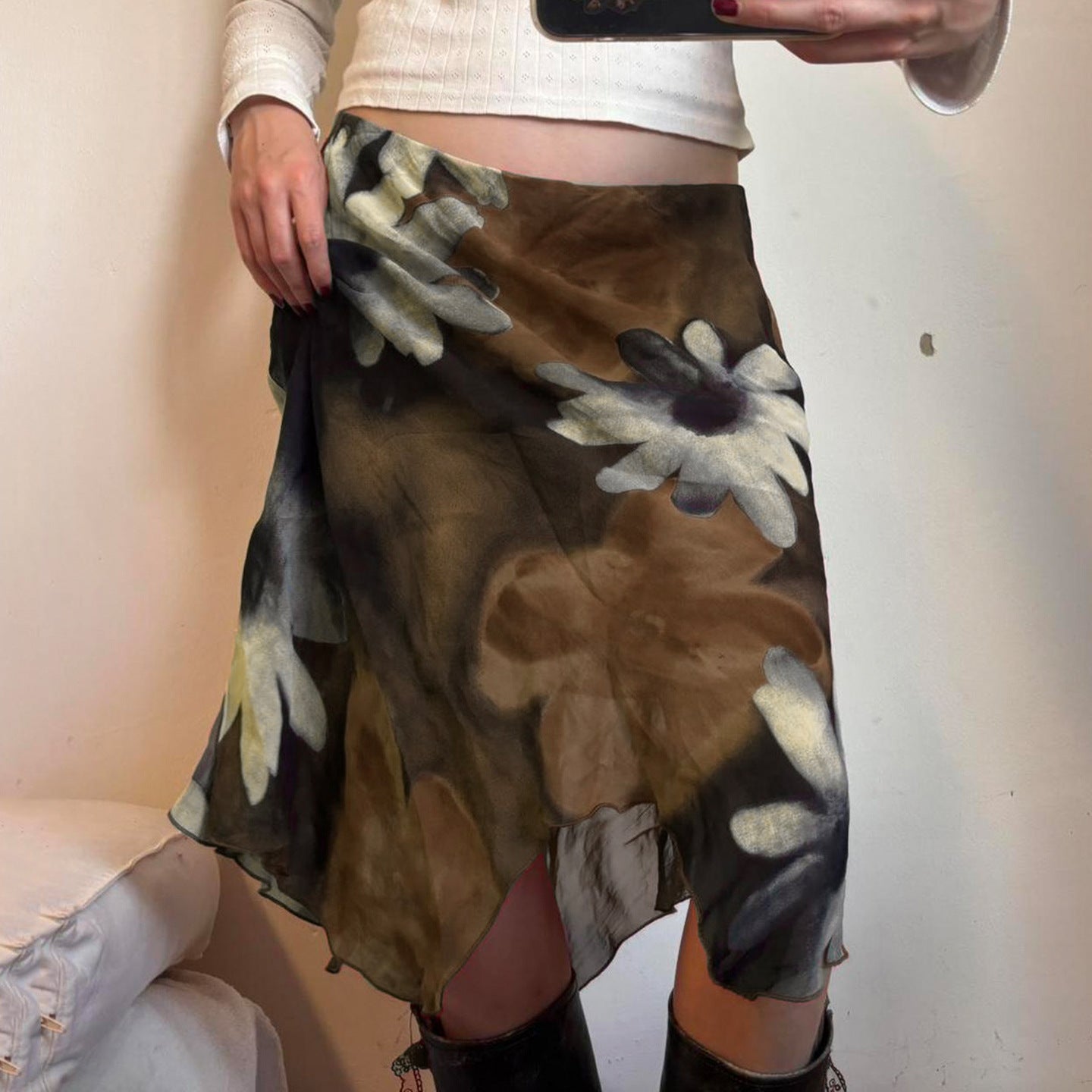 Floral Printed Mesh Asymmetric Skirt with Unique Street Fashion Style