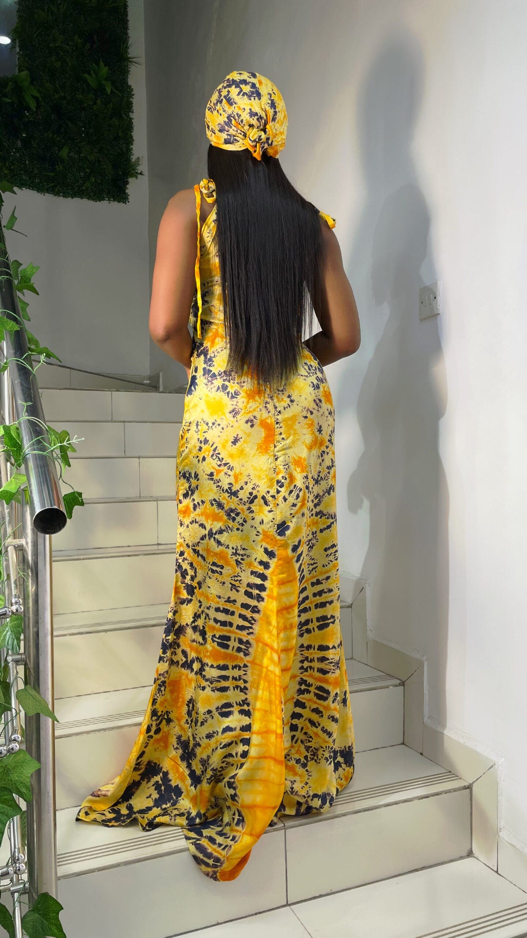 Printed Suspenders Slim Fit Long Dress with Vibrant Rainbow Pattern