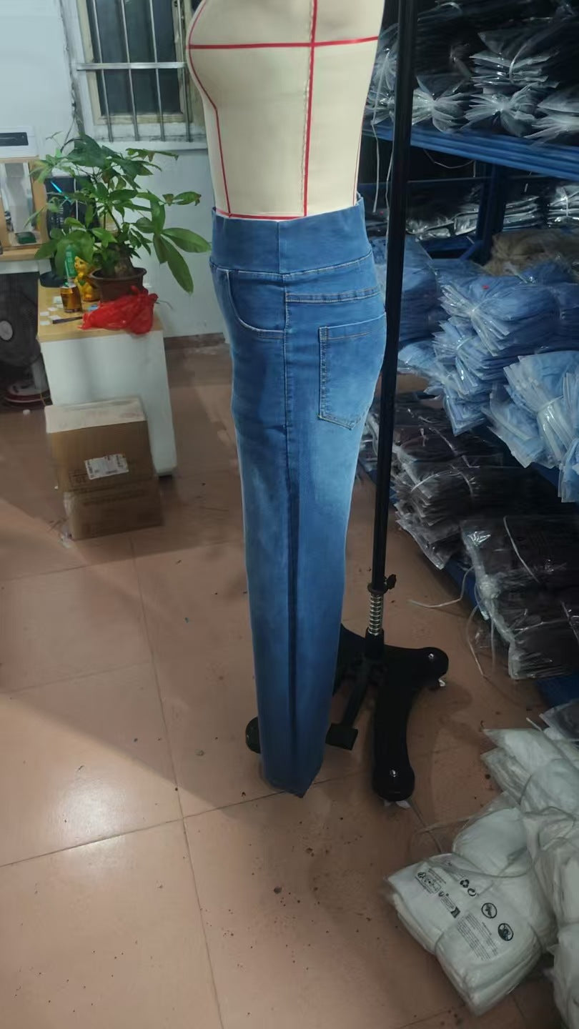 Straight Denim Trousers with High Elasticity and Trendy Style