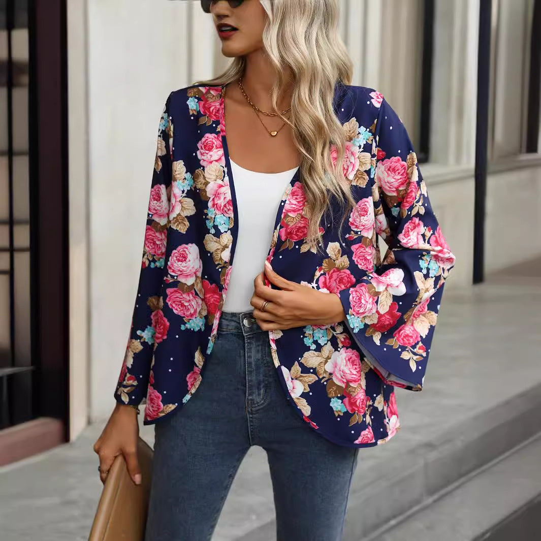 V-neck Floral Bell Sleeve Blouse with Casual Style and Print Design