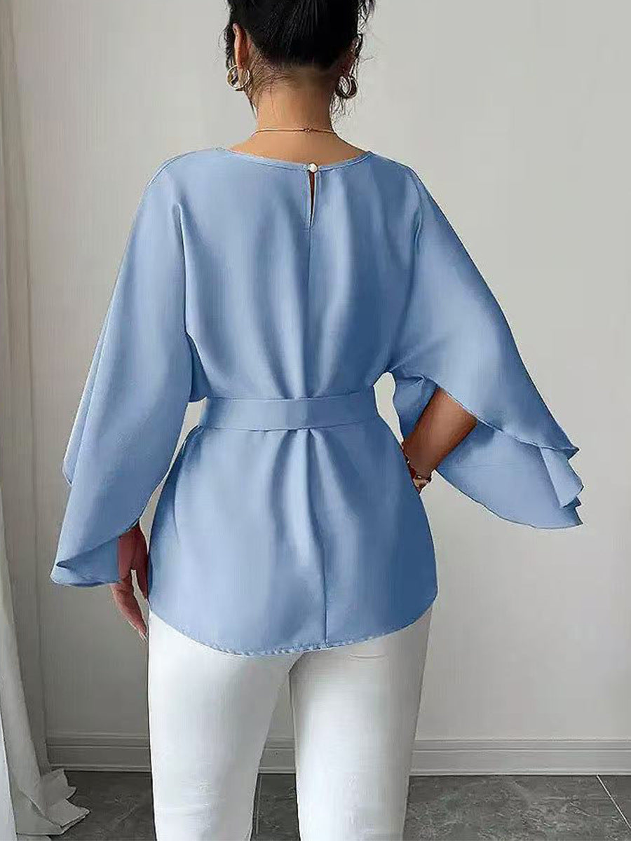 Solid Color Flared Half Sleeve Shirt with Bell Sleeve Design