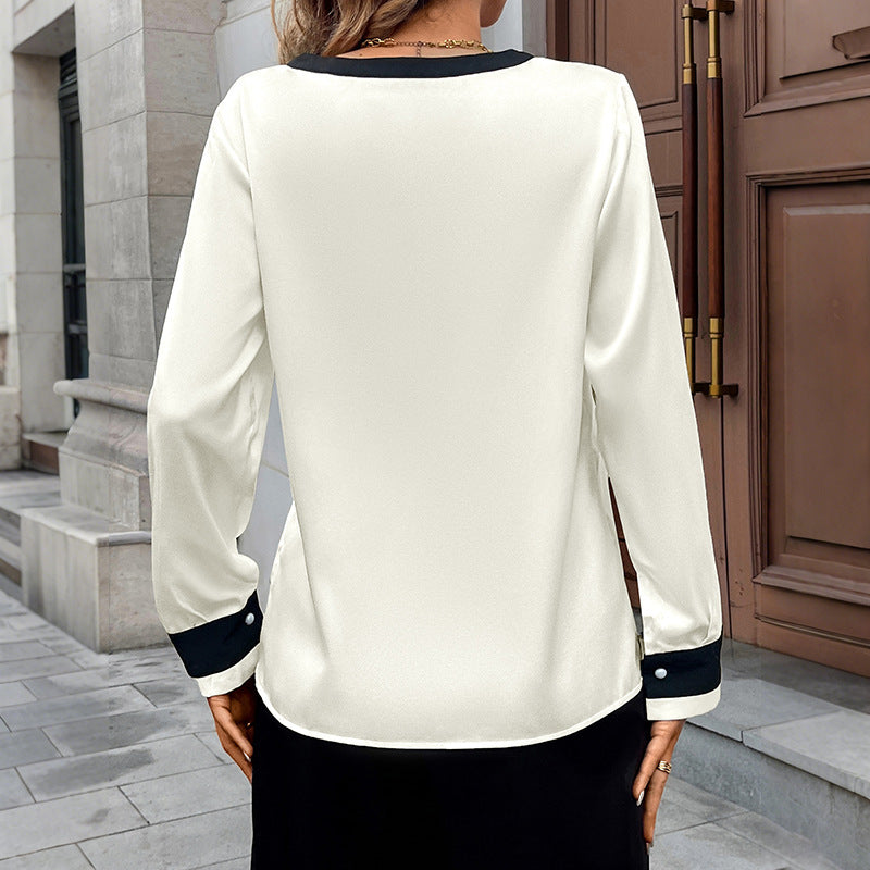 Pearl Button Deep V-neck Color-block Blouse for Elegant Style