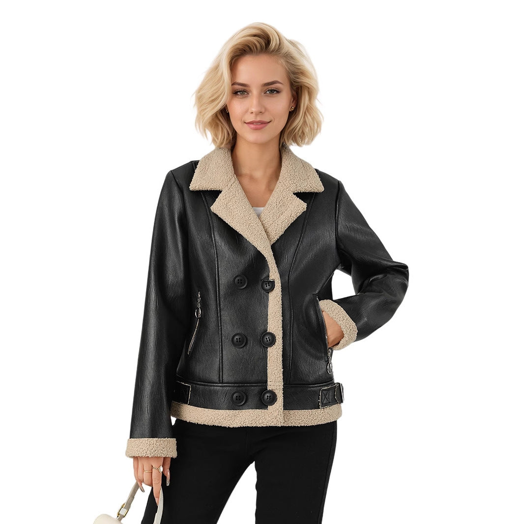 Fleece Padded Leather Coat with Fur Collar Alternative Styling
